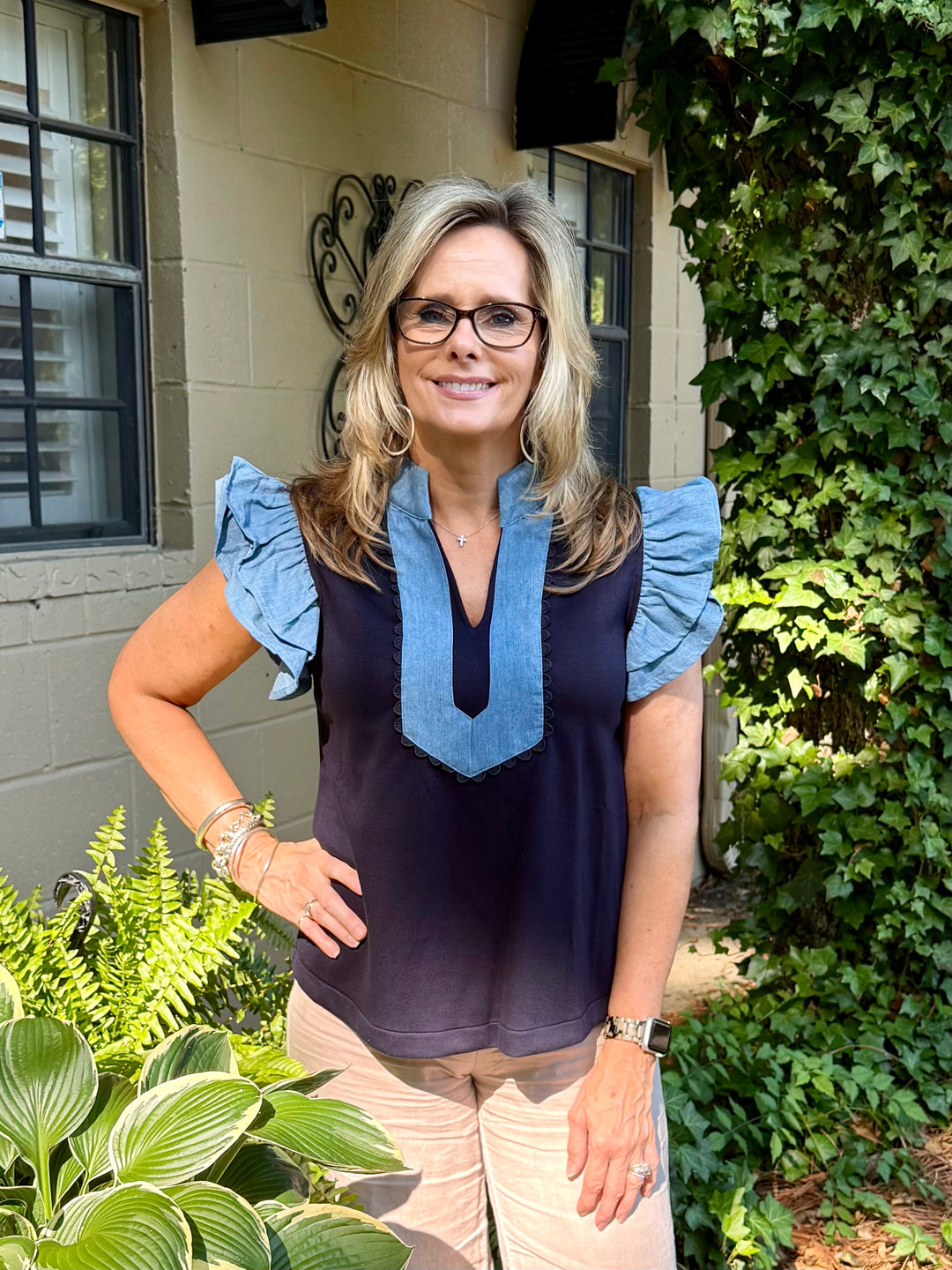 Brittany Short Sleeve Ruffle Top | Denim Accent Boutique Top