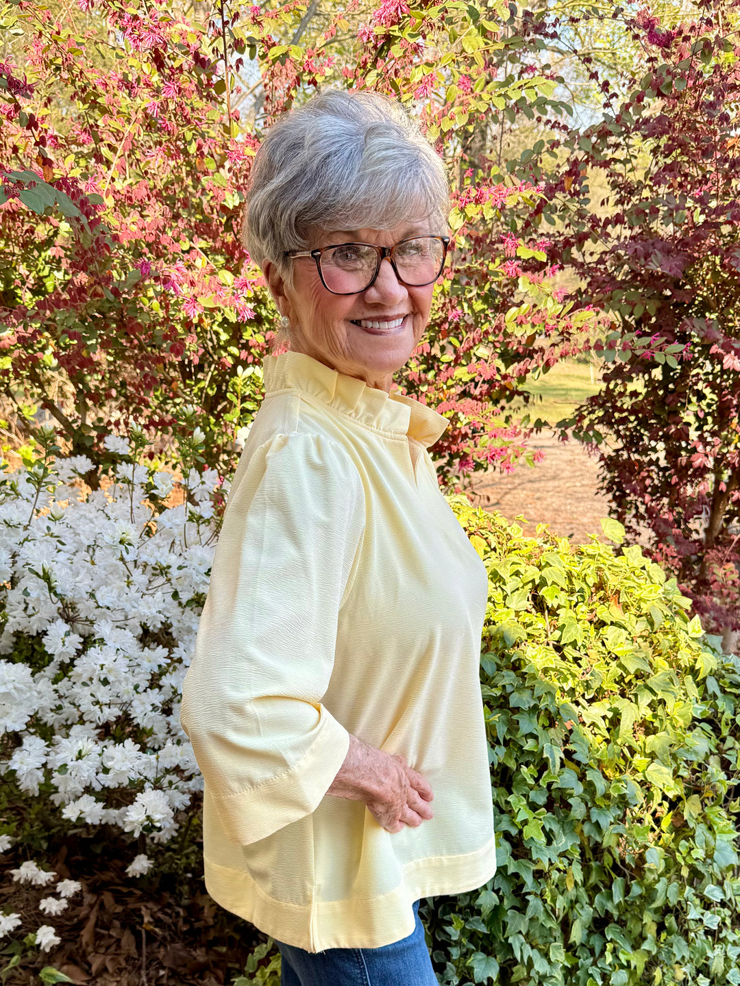 Maisy 3/4 Sleeve Top - Ruffled V-Neck Crinkle Blouse