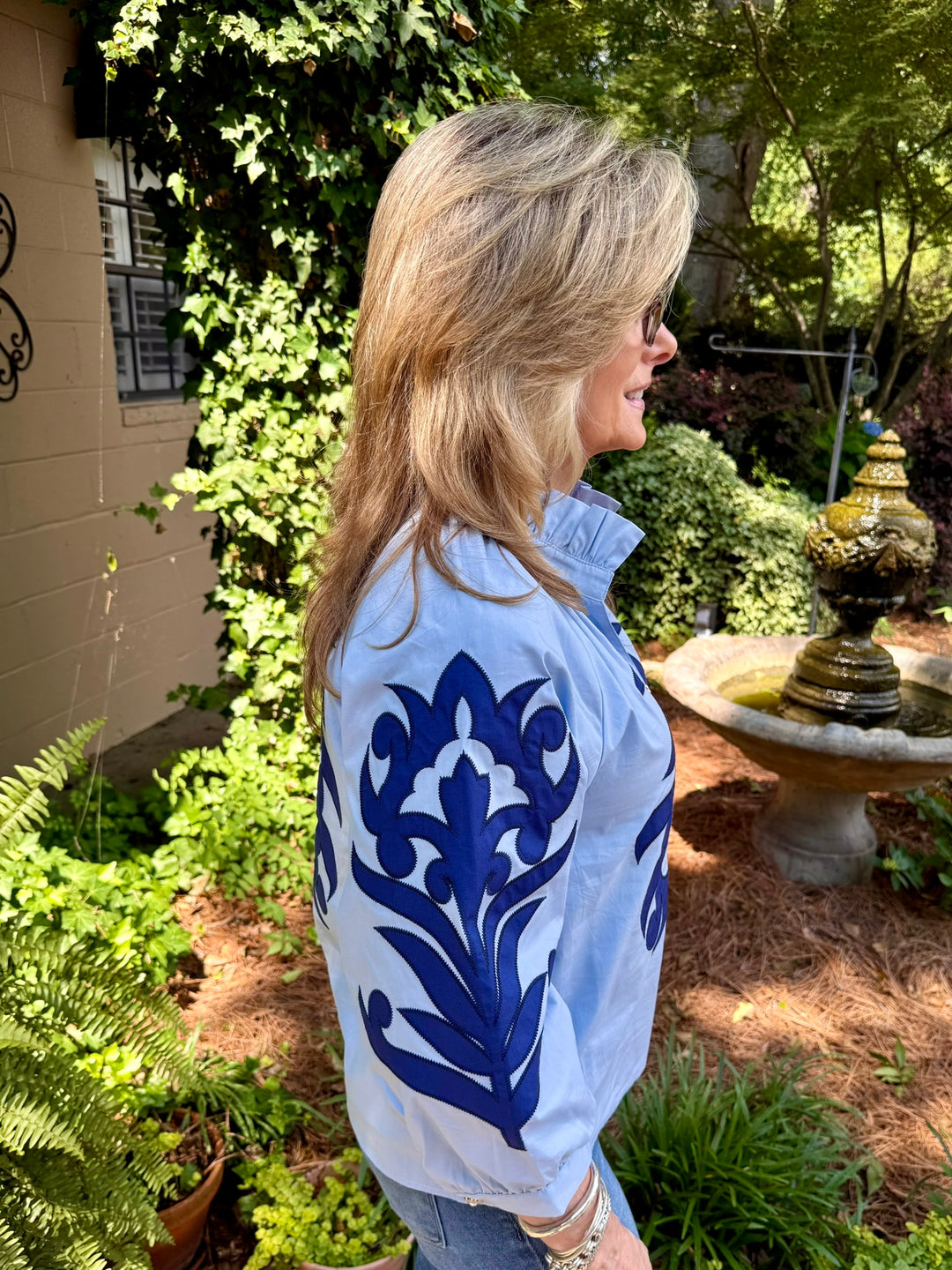 Emma 3/4 Sleeve Baroque Appliqué Top – Light Blue