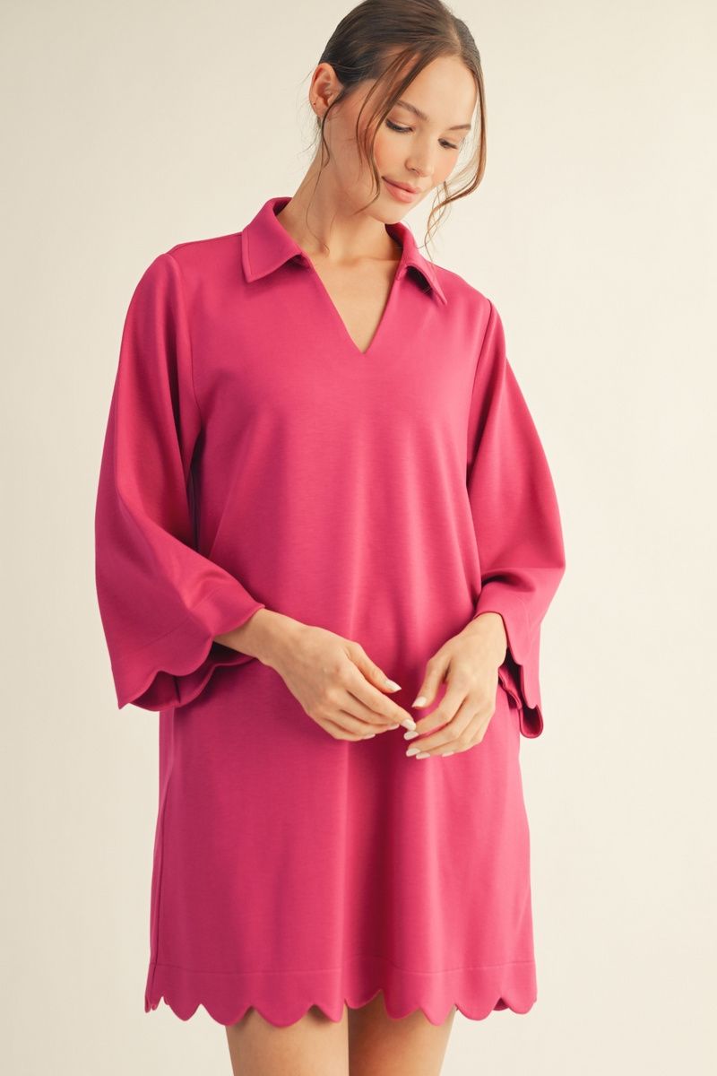 Lora Scallop Hem Shift Dress - Women's 3/4 Sleeve Dress with Pockets