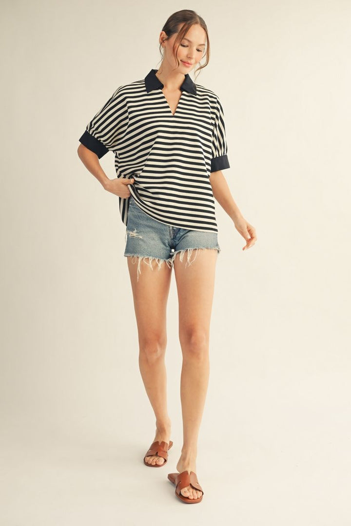 Sally V-Neck Short Sleeve Stripe Top