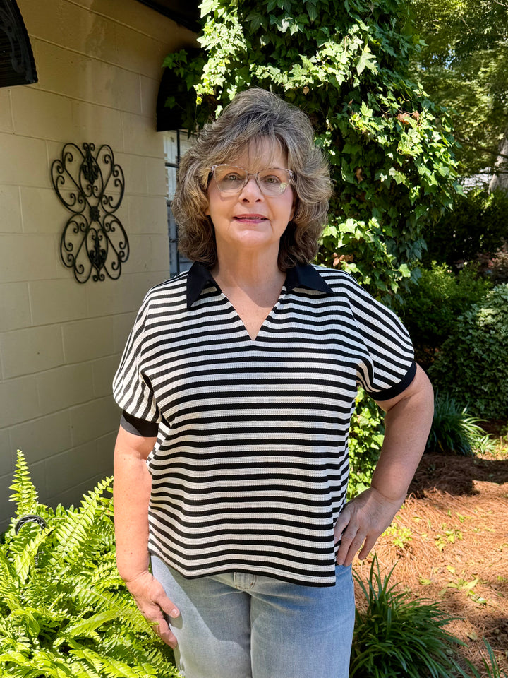 Sally V-Neck Short Sleeve Stripe Top