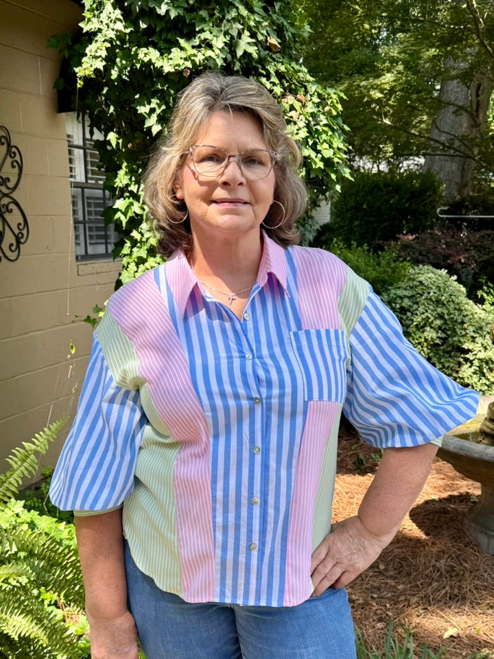 Margie Stripe Mix Match Button Down Top – 100% Cotton Puff Sleeve | Blue/Pink