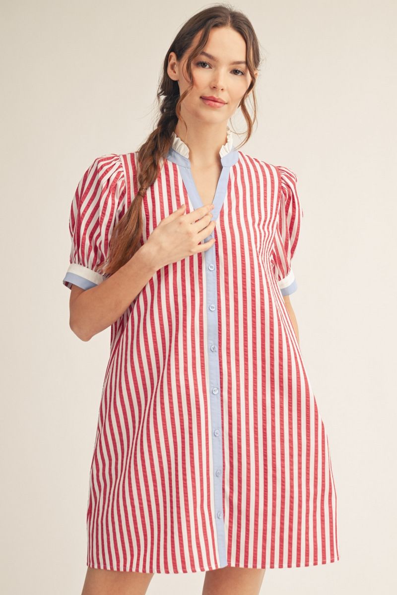 Gwendolyn Stripe Shift Dress — Women's Red & White Striped Button Front Dress