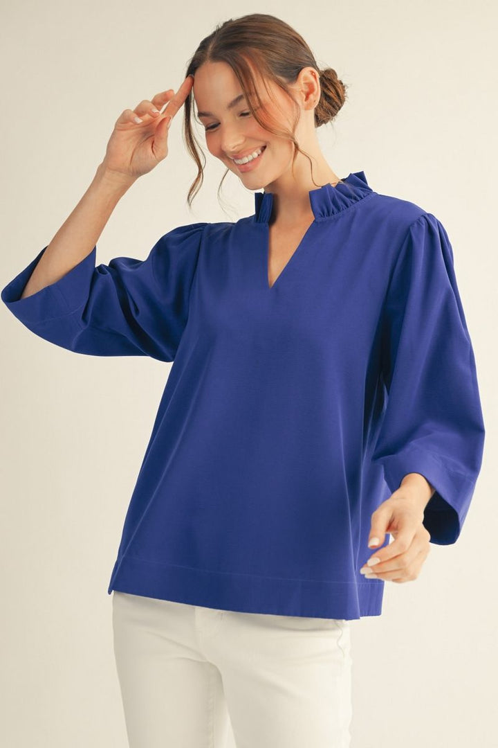 Maisy 3/4 Sleeve Top - Ruffled V-Neck Crinkle Blouse