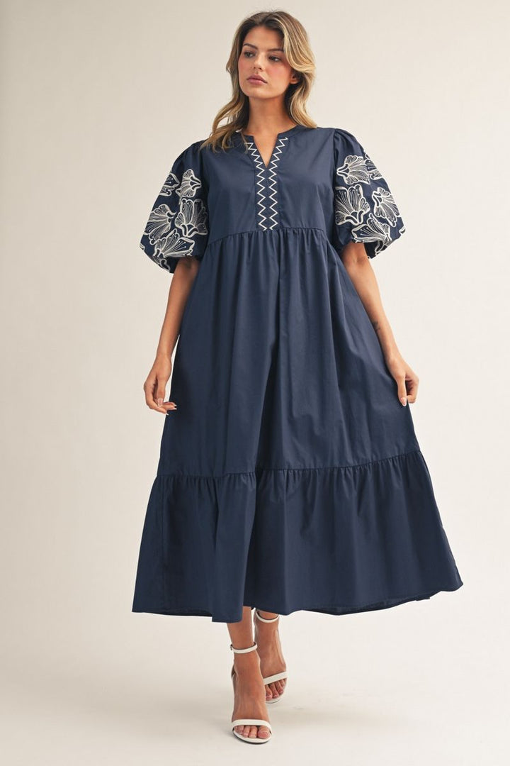 Holly Embroidered Midi Dress - Women's Navy Puff Sleeve V-Neck Dress