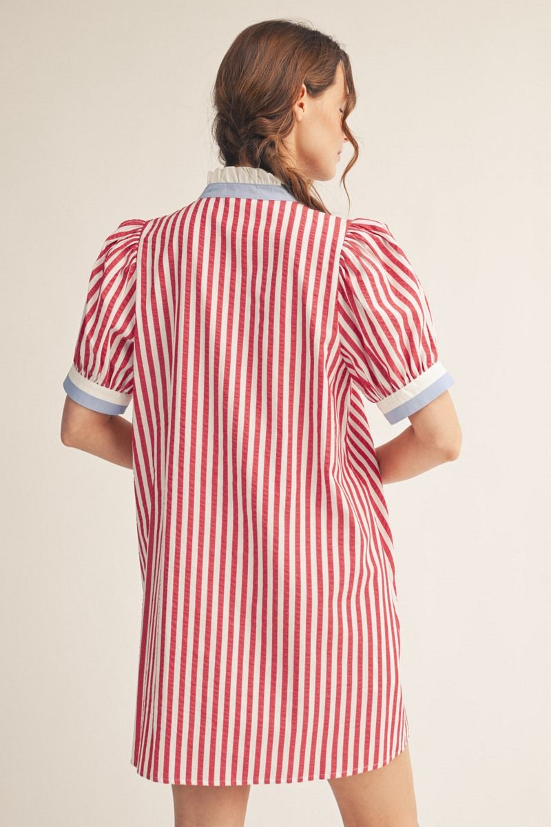 Gwendolyn Stripe Shift Dress — Women's Red & White Striped Button Front Dress