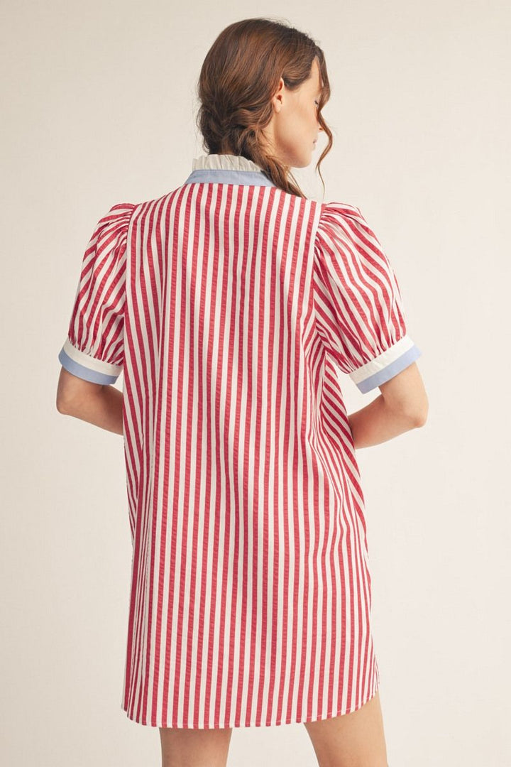 Gwendolyn Stripe Shift Dress — Women's Red & White Striped Button Front Dress