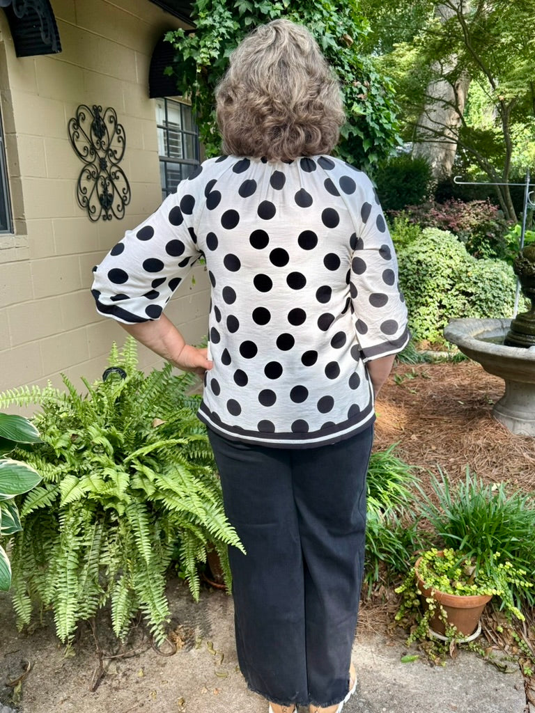 Bobby Polka Dot 3/4 Puff Sleeve Top – Notched V-Neck with Contrast Trim | Black/White