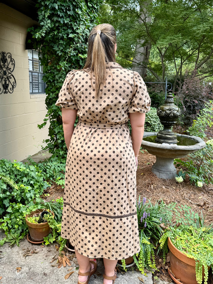 Polka Dot Puff Sleeve Midi Dress – Taupe & Brown