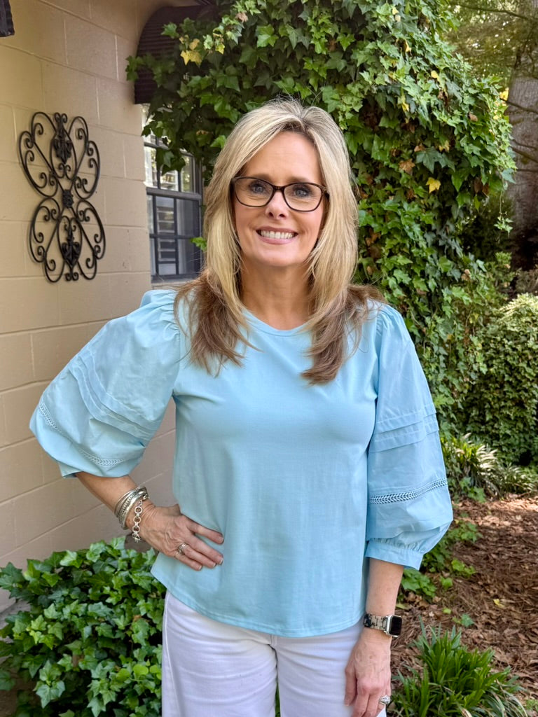 Katie 3/4 Puff Sleeve Top in Baby Blue