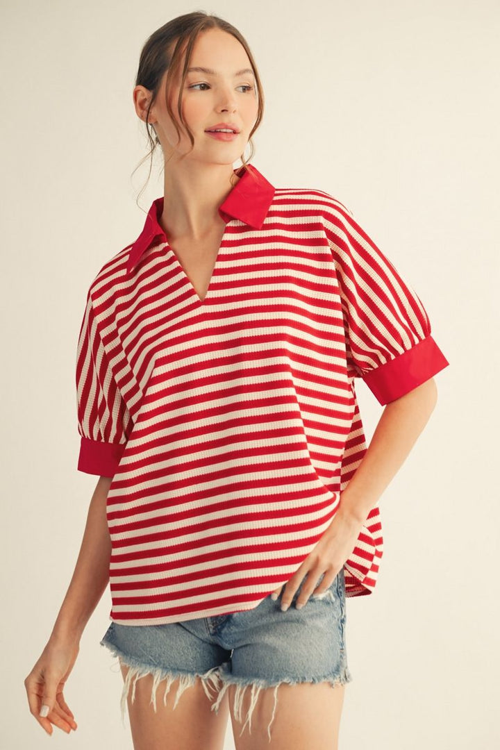 Sally V-Neck Short Sleeve Stripe Top