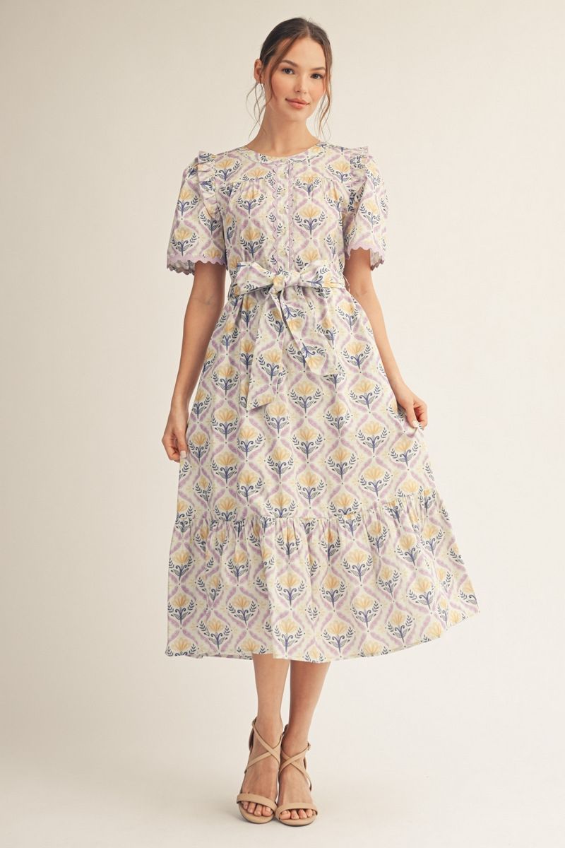 Reece Floral Midi Dress - Women's Puff Sleeve Button Down Dress with Pockets