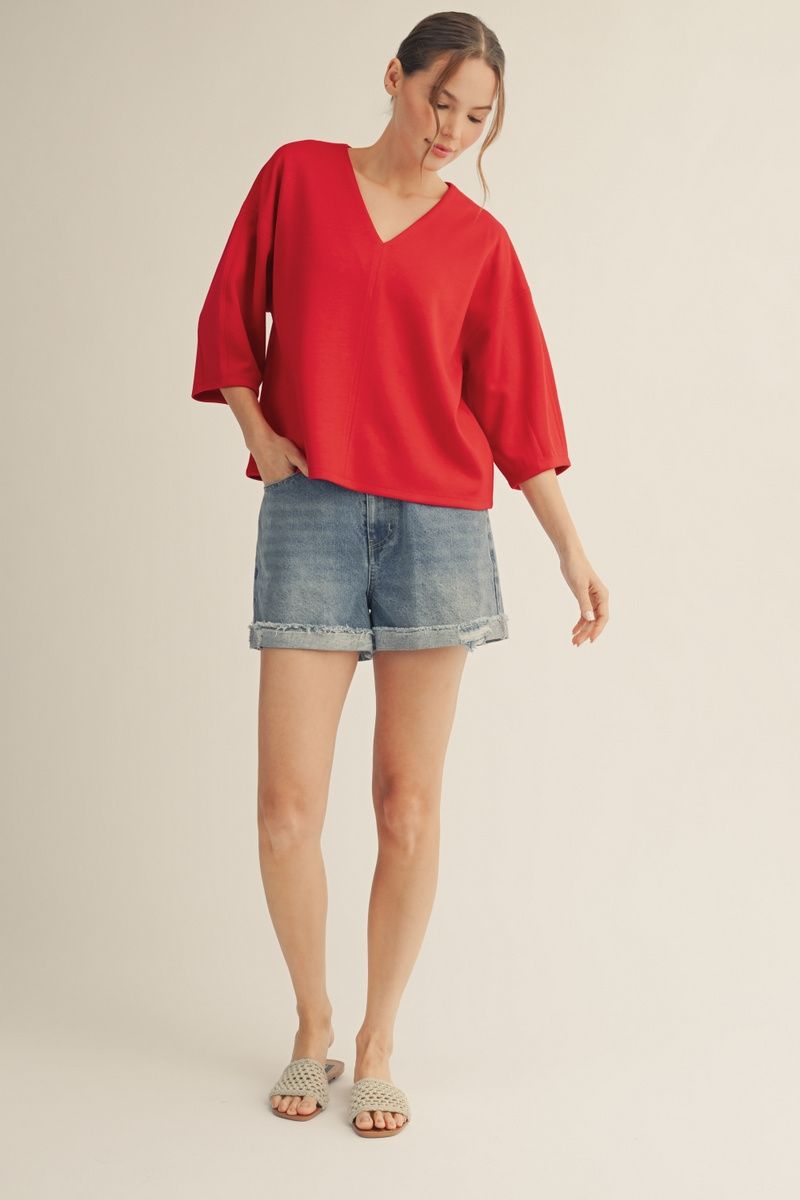 Drop Shoulder V-Neck Luxe Knit Top