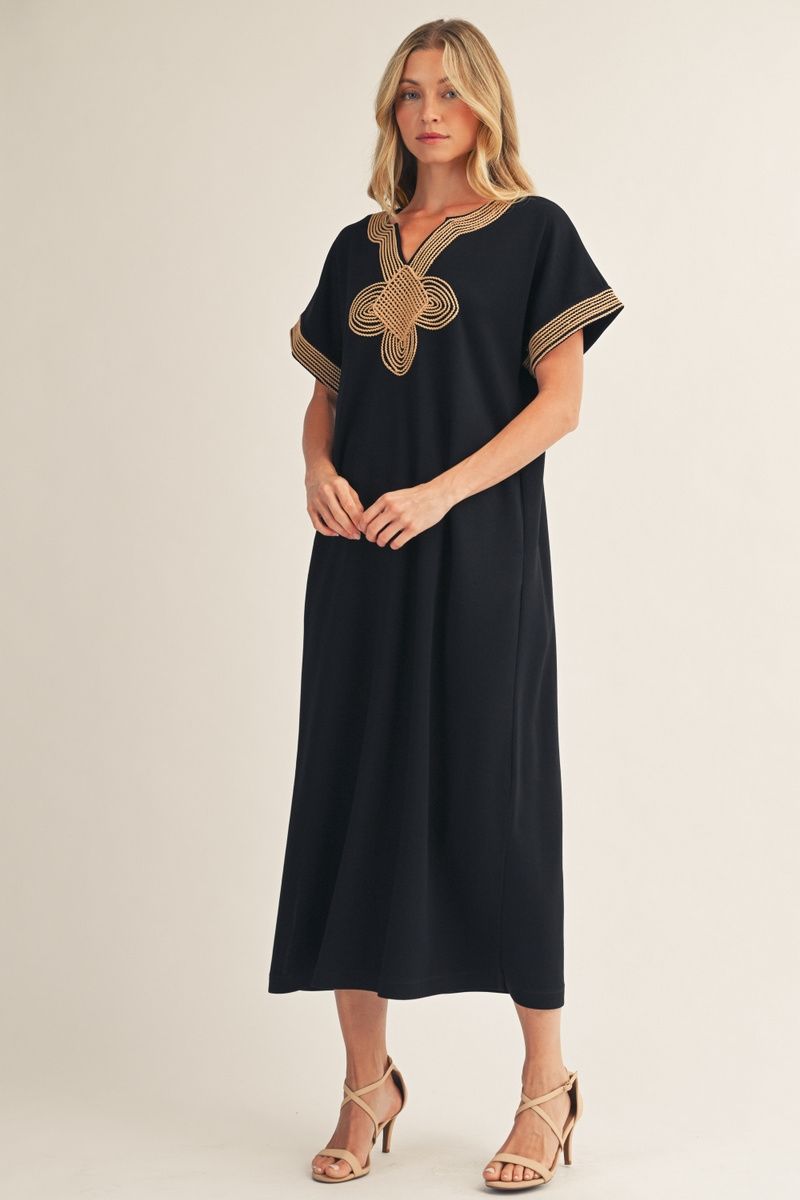 Leigh Short Sleeve Midi Dress – Drop Shoulder Embroidered V-Neck with Pockets