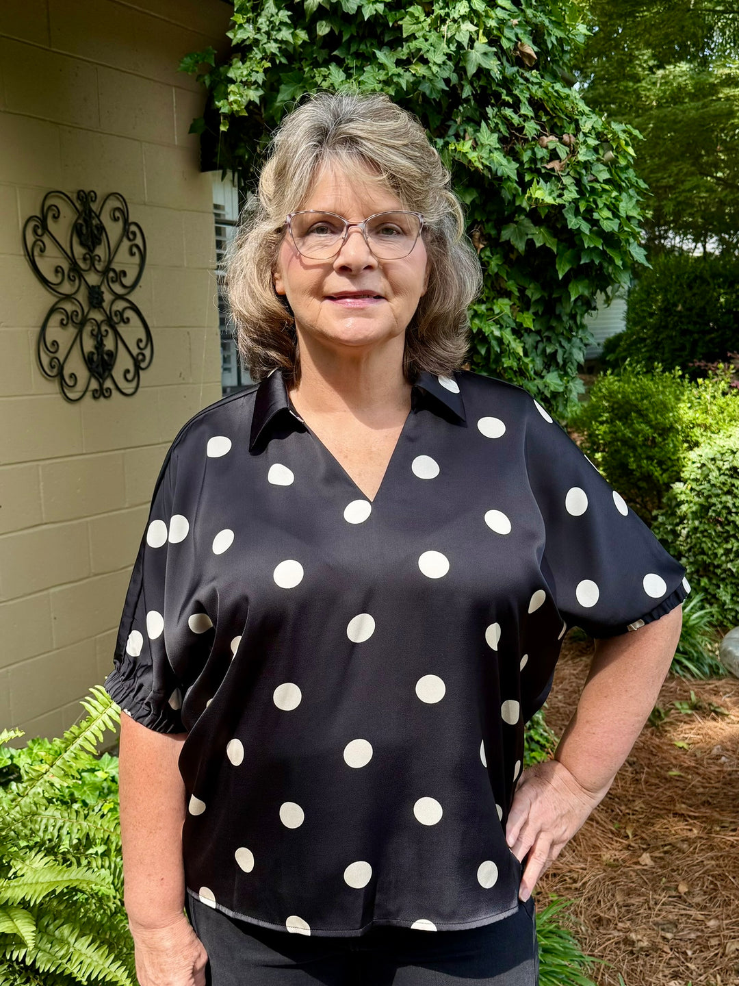 Faith Short Sleeve V-Neck Polka Dot Satin Top