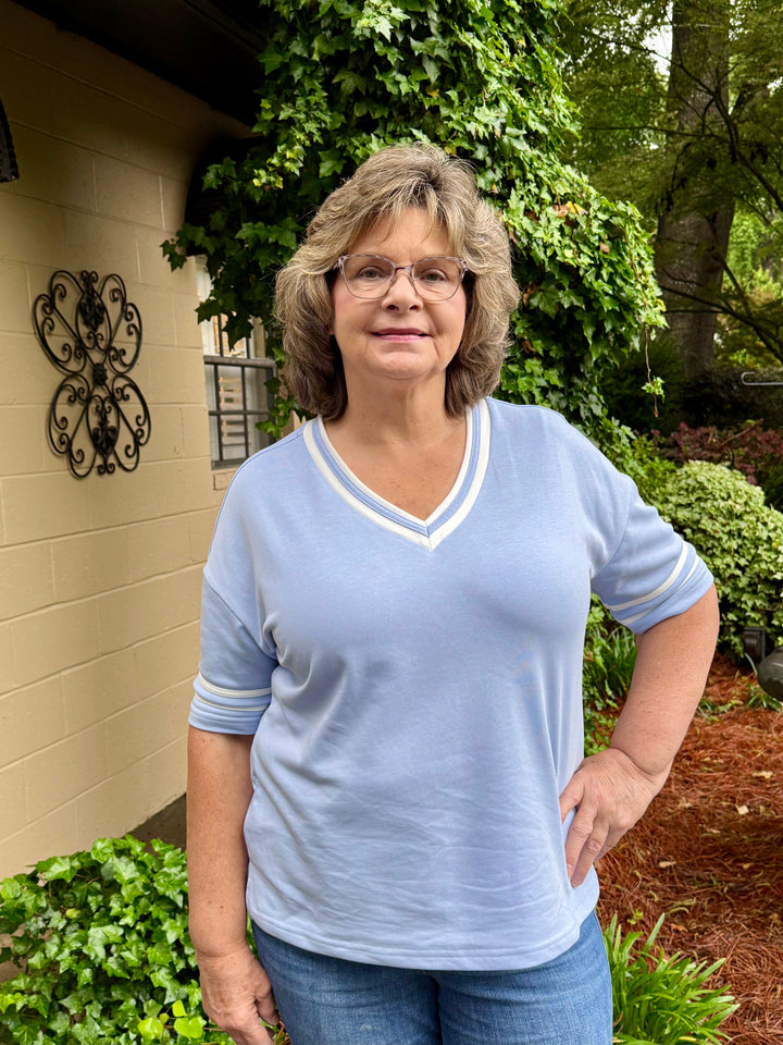 Shannon V-Neck Short Sleeve French Terry Top – Light Blue with Varsity Stripes