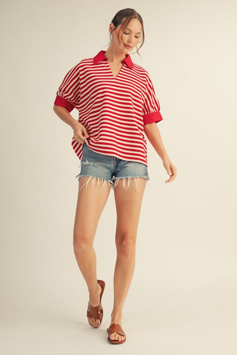 Sally V-Neck Short Sleeve Stripe Top