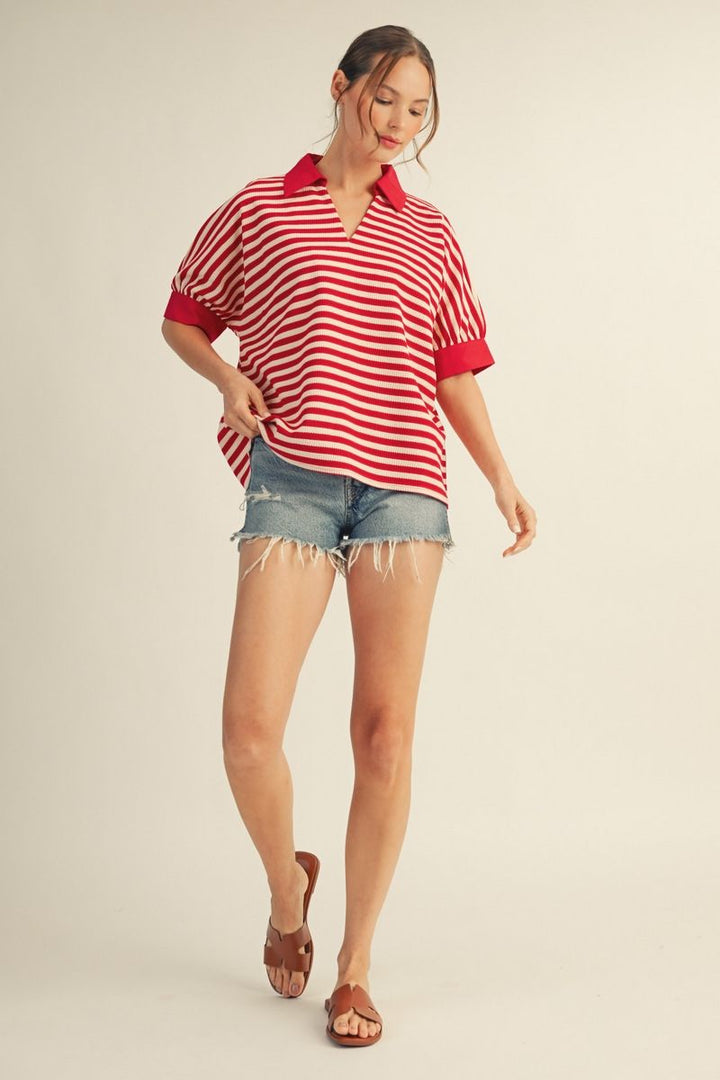 Sally V-Neck Short Sleeve Stripe Top