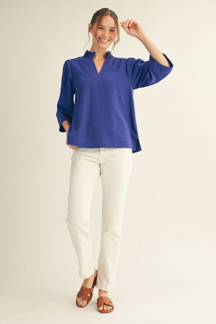 Maisy 3/4 Sleeve Top - Ruffled V-Neck Crinkle Blouse