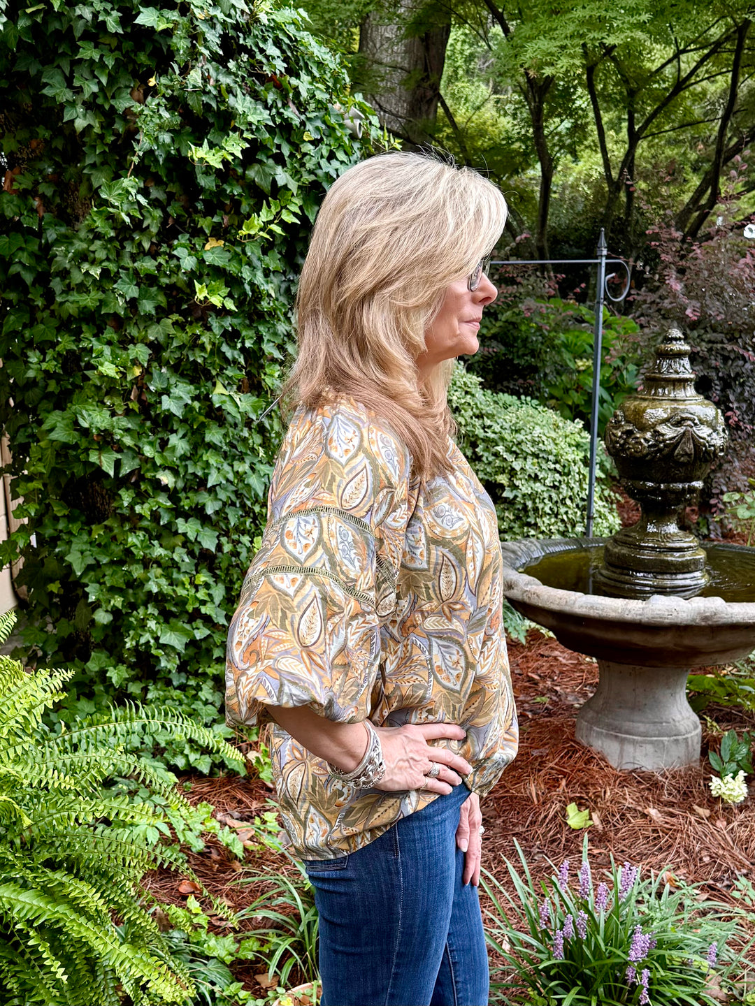 Olive Leaf Print Split V-Neck Blouse | 3/4 Balloon Sleeve Top