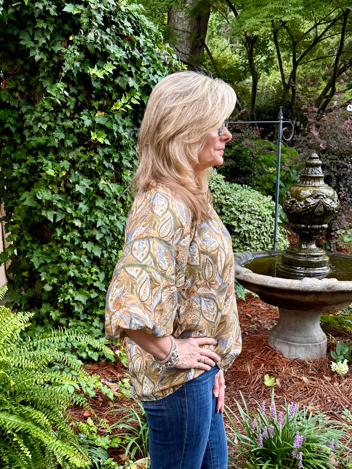 Olive Leaf Print Split V-Neck Blouse | 3/4 Balloon Sleeve Top