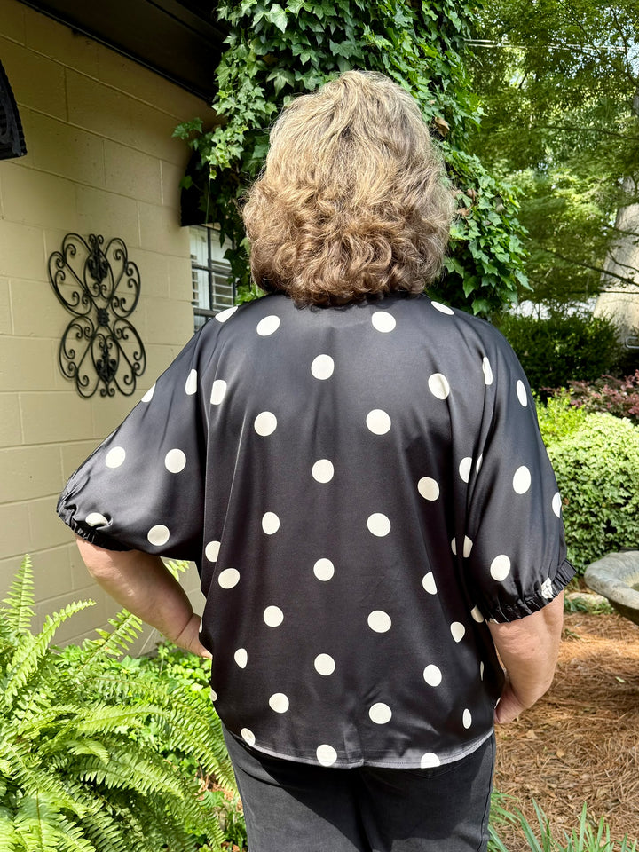 Faith Short Sleeve V-Neck Polka Dot Satin Top