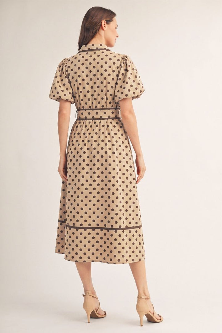 Polka Dot Puff Sleeve Midi Dress – Taupe & Brown