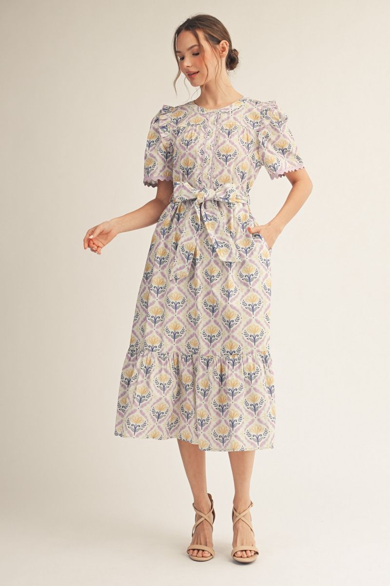 Reece Floral Midi Dress - Women's Puff Sleeve Button Down Dress with Pockets