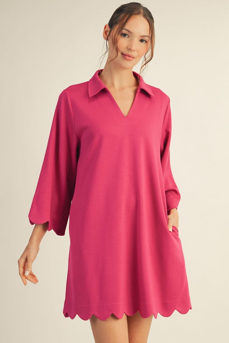 Lora Scallop Hem Shift Dress - Women's 3/4 Sleeve Dress with Pockets