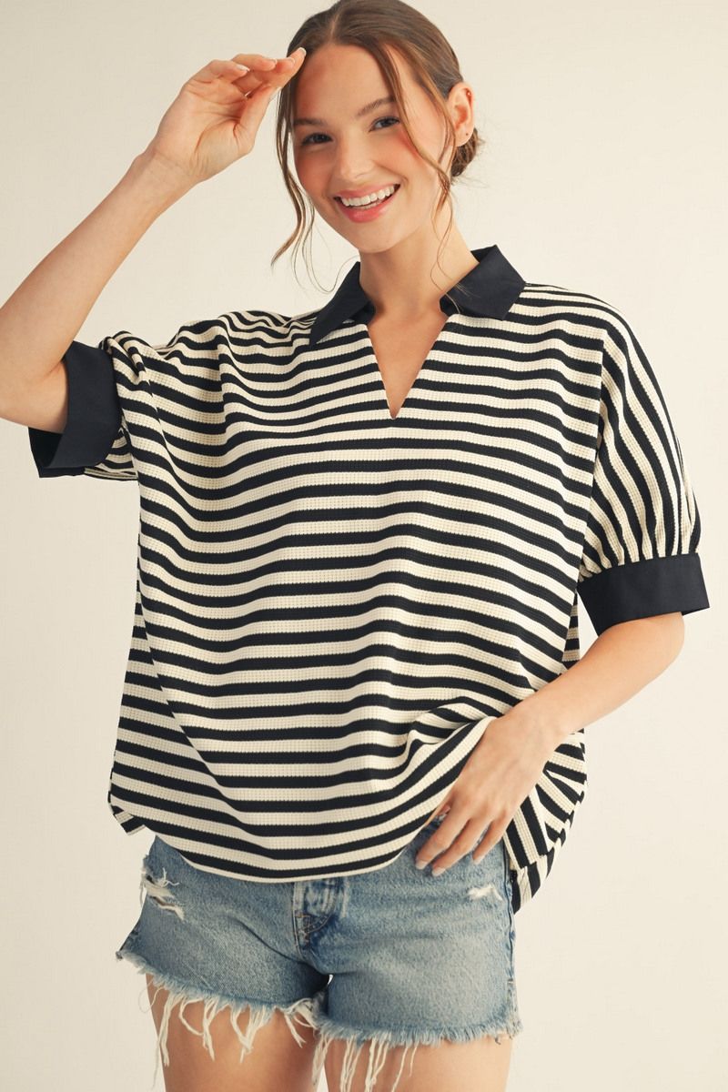 Sally V-Neck Short Sleeve Stripe Top