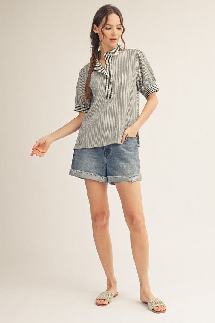 Jean Striped Gingham Button-Up Short Sleeve Top