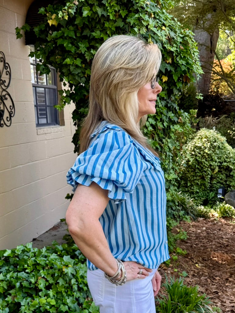 Lillian Short Puff Sleeve Top | Stripe Peter Pan Collar