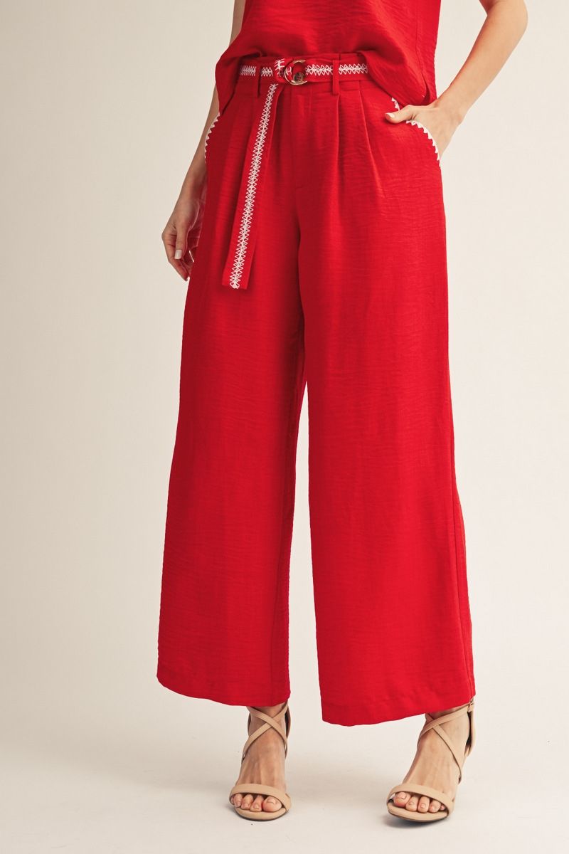 Lillian Belted Wide Leg Slacks in Red