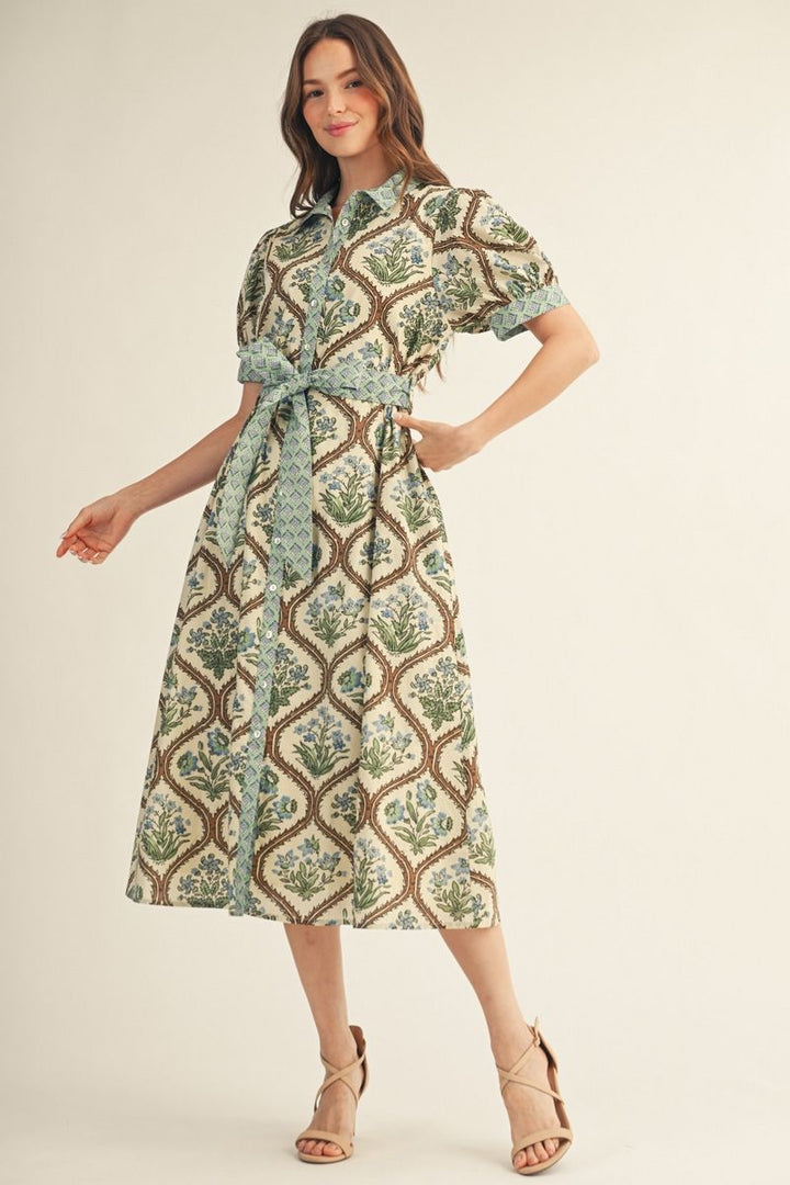 Floral Button Down Midi Dress with Waist Tie