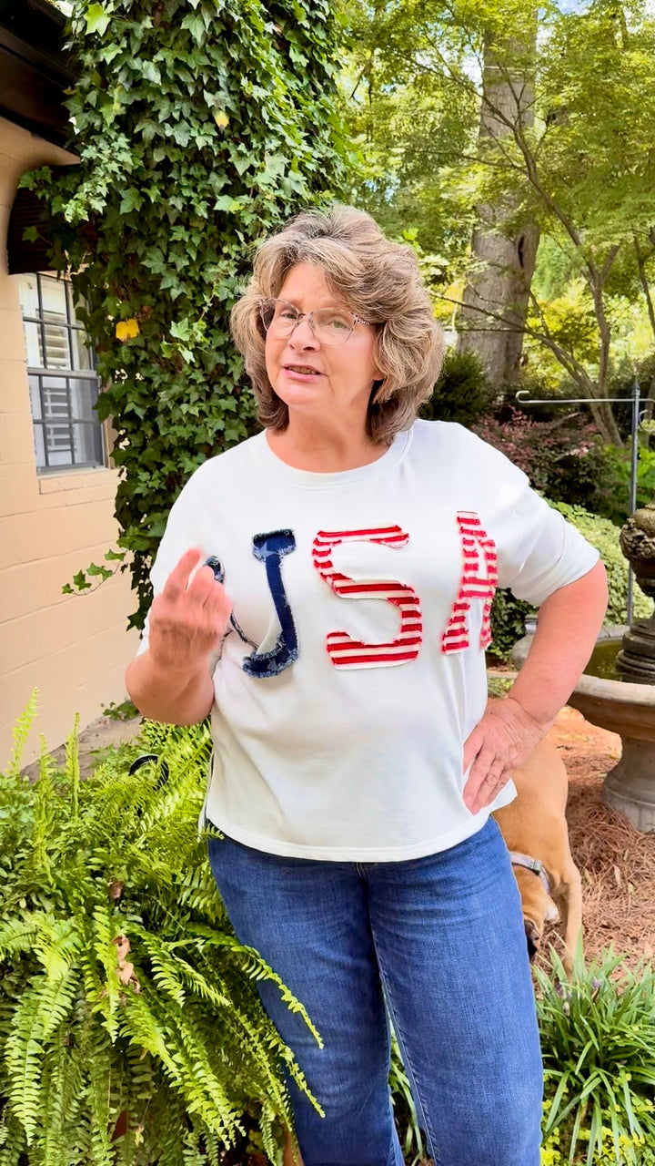 USA Stars & Stripes 3/4 Sleeve Top — Women's Patriotic French Terry Shirt