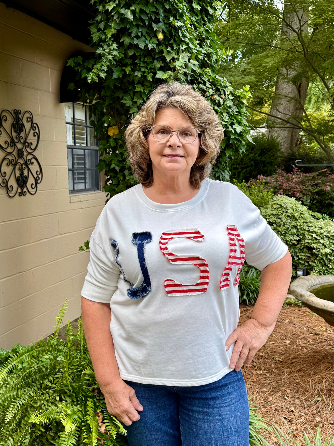 USA Stars & Stripes 3/4 Sleeve Top — Women's Patriotic French Terry Shirt
