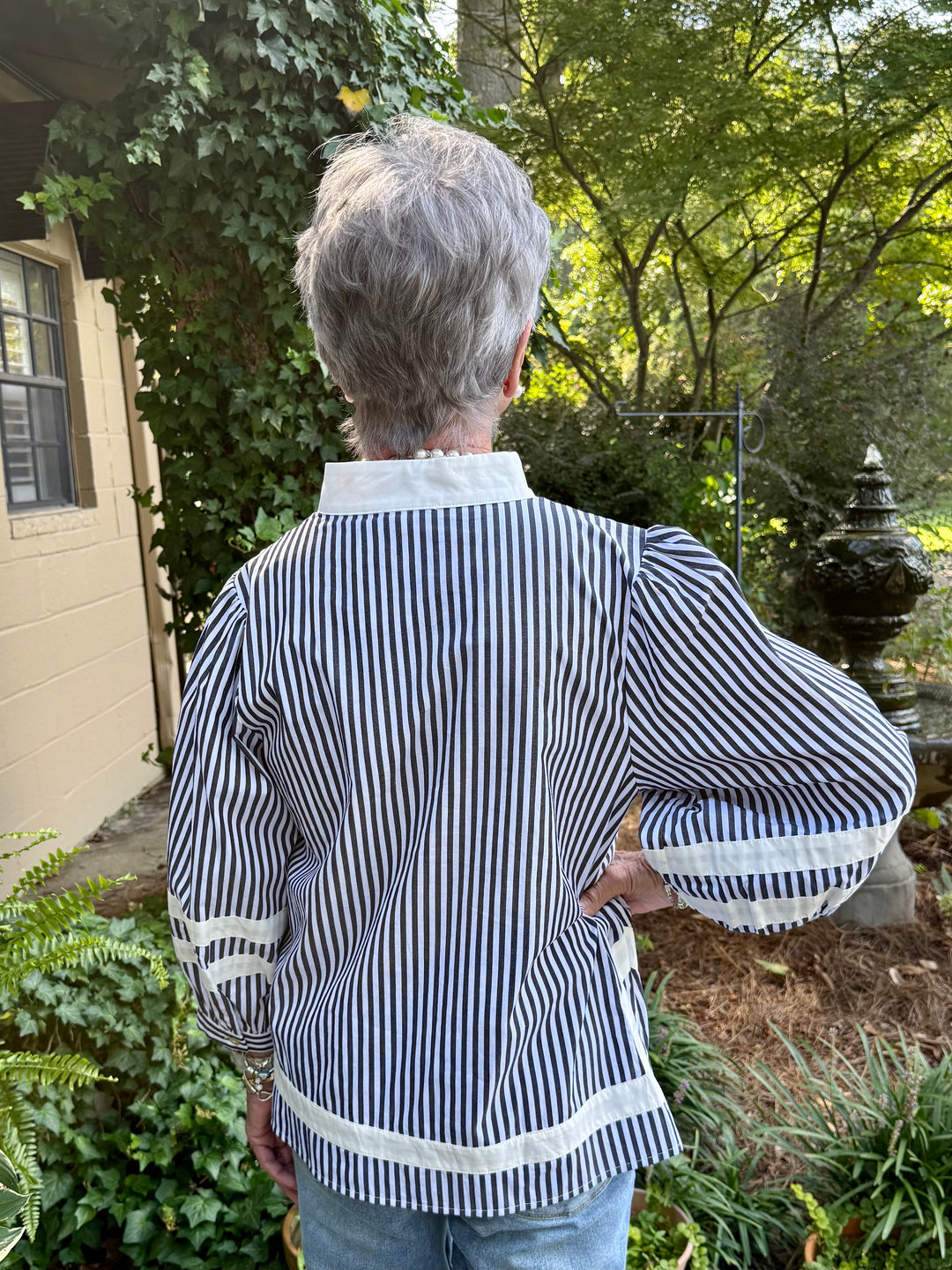 Sherry 3/4 Puff Sleeve Stripe Top | Black & White Cotton V-Neck Blouse