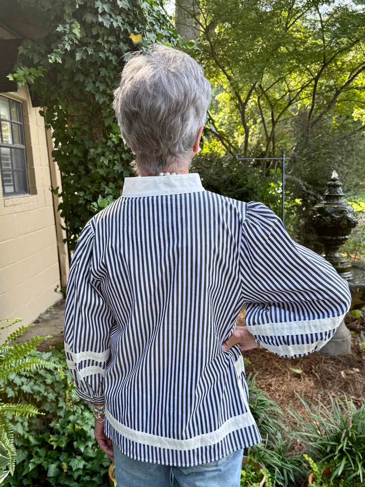 Sherry 3/4 Puff Sleeve Stripe Top | Black & White Cotton V-Neck Blouse