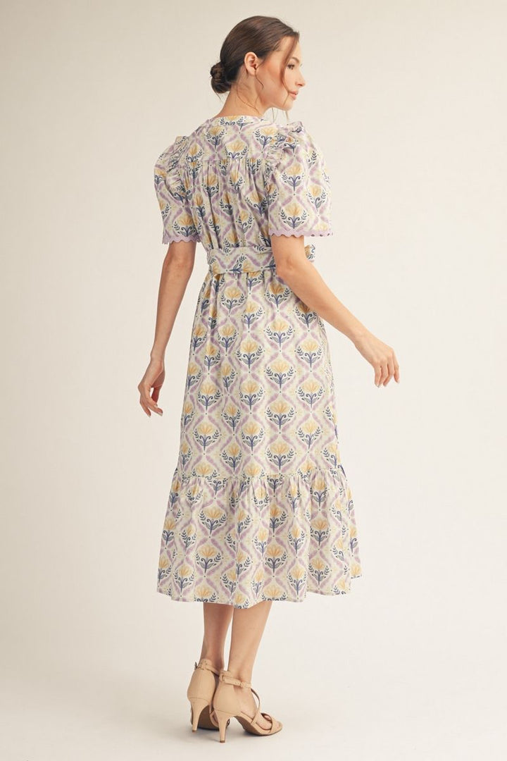 Reece Floral Midi Dress - Women's Puff Sleeve Button Down Dress with Pockets