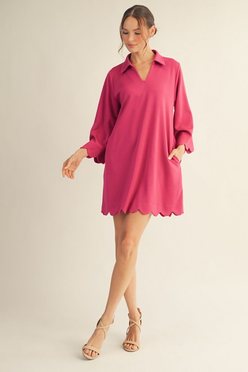 Lora Scallop Hem Shift Dress - Women's 3/4 Sleeve Dress with Pockets