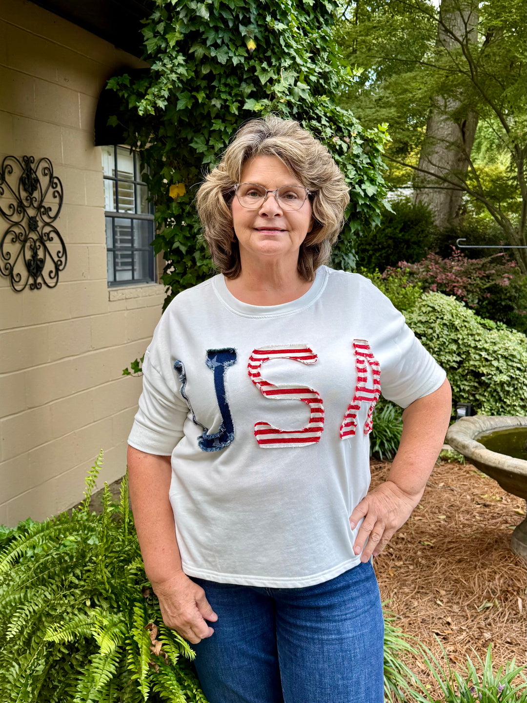 USA Stars & Stripes 3/4 Sleeve Top — Women's Patriotic French Terry Shirt