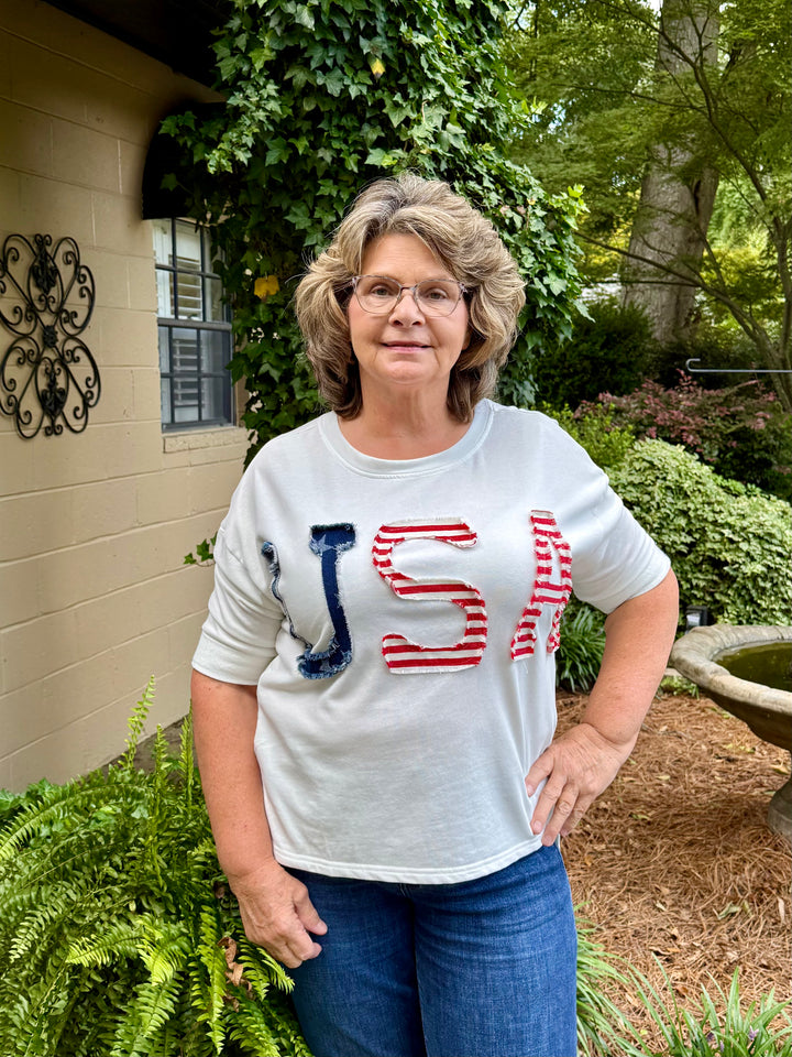 USA Stars & Stripes 3/4 Sleeve Top — Women's Patriotic French Terry Shirt