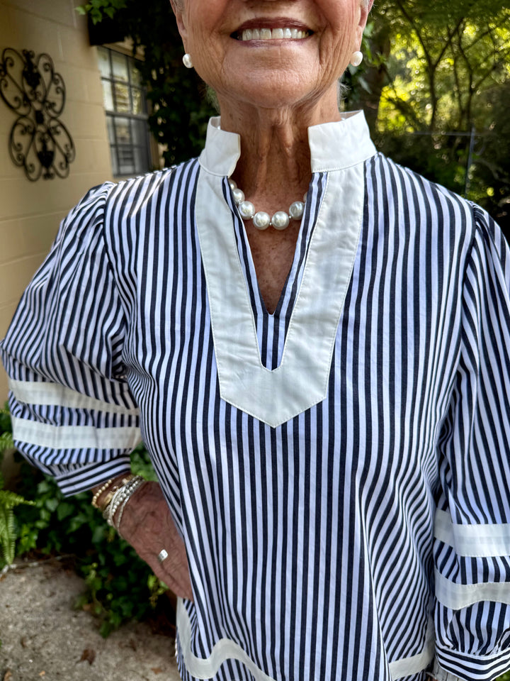Sherry 3/4 Puff Sleeve Stripe Top | Black & White Cotton V-Neck Blouse