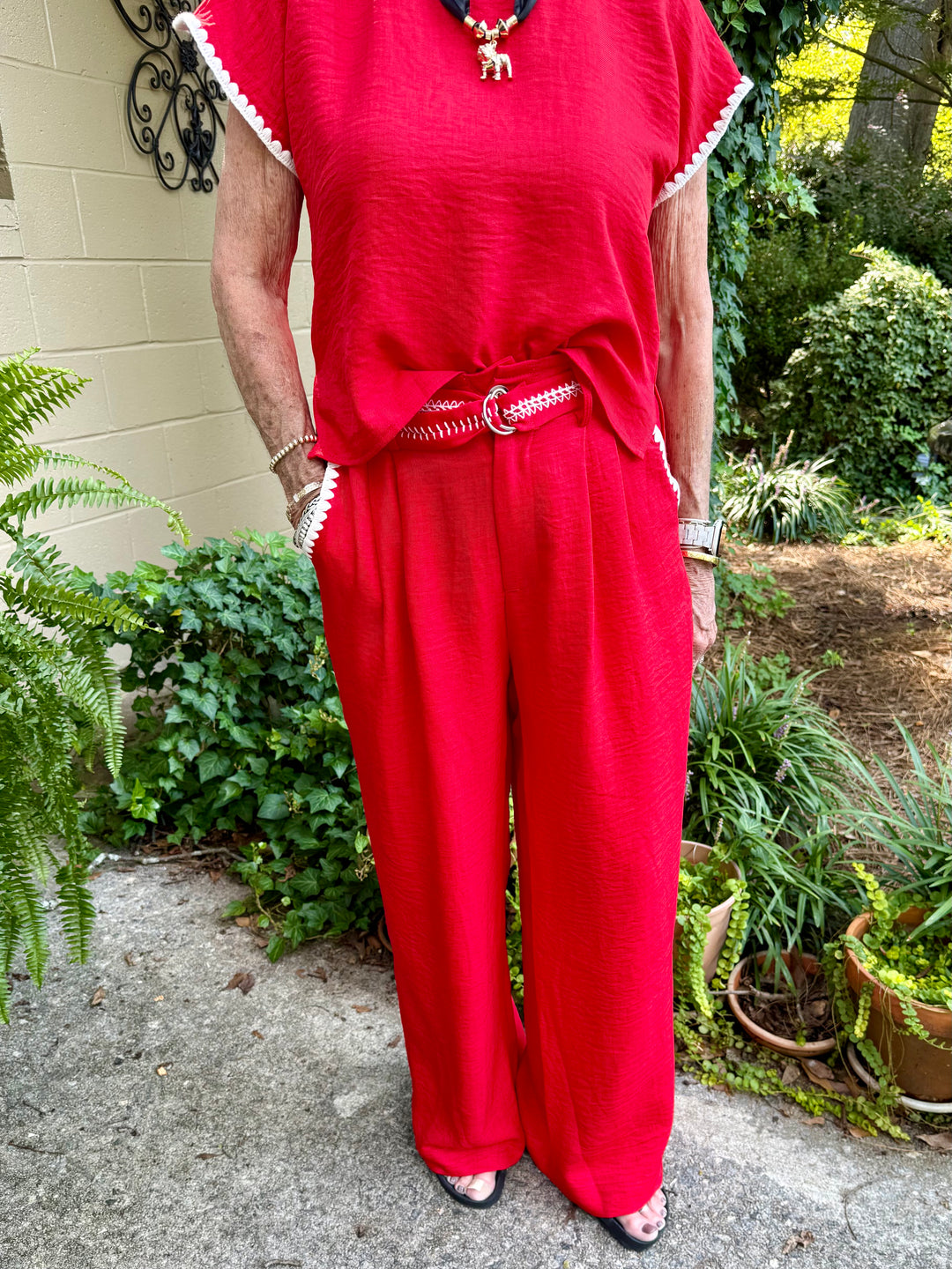 Lillian Belted Wide Leg Slacks in Red