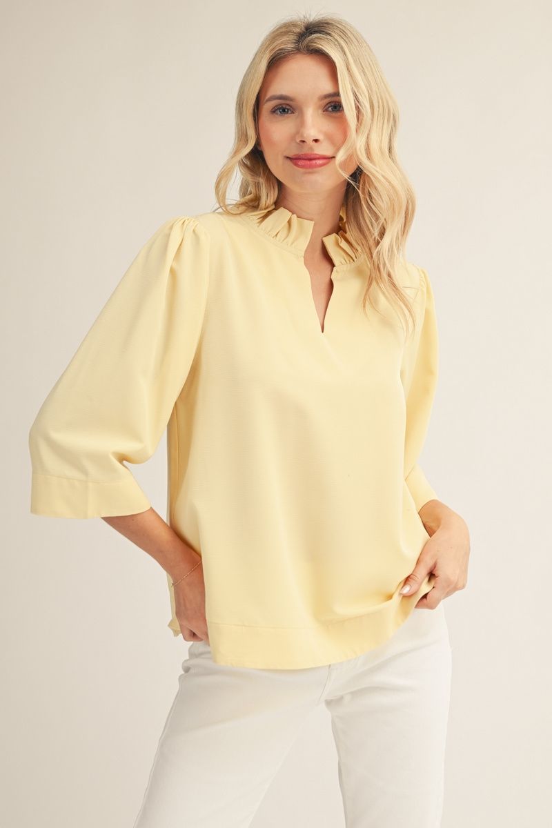Maisy 3/4 Sleeve Top - Ruffled V-Neck Crinkle Blouse