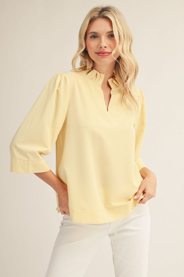 Maisy 3/4 Sleeve Top - Ruffled V-Neck Crinkle Blouse