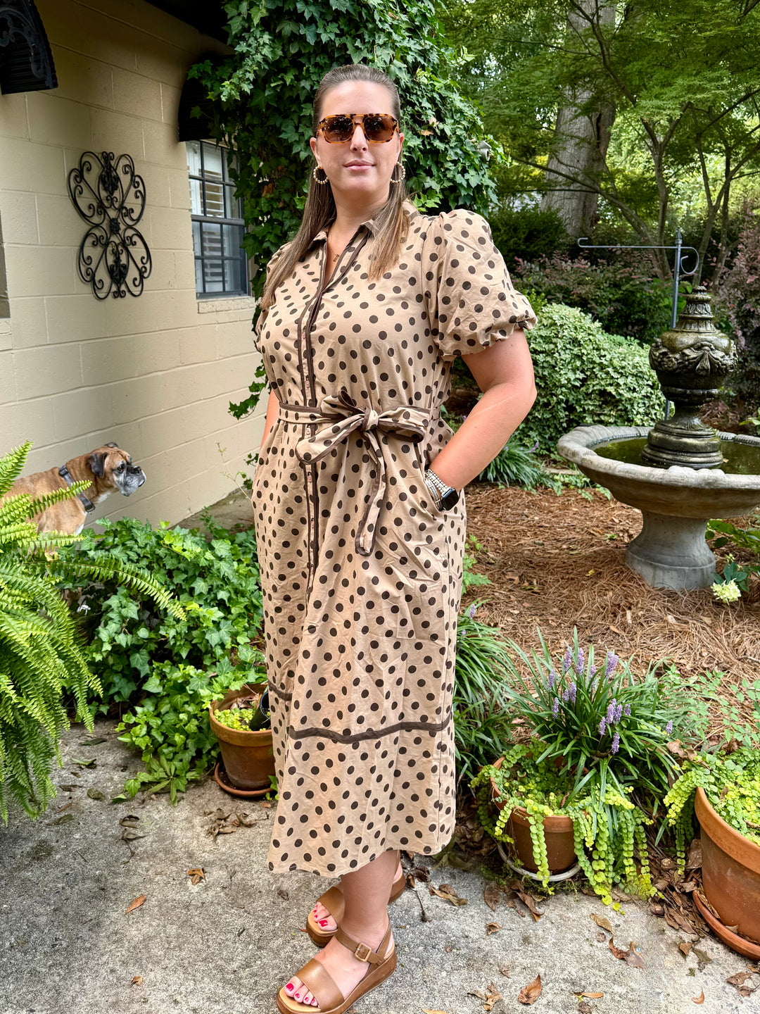 Polka Dot Puff Sleeve Midi Dress – Taupe & Brown