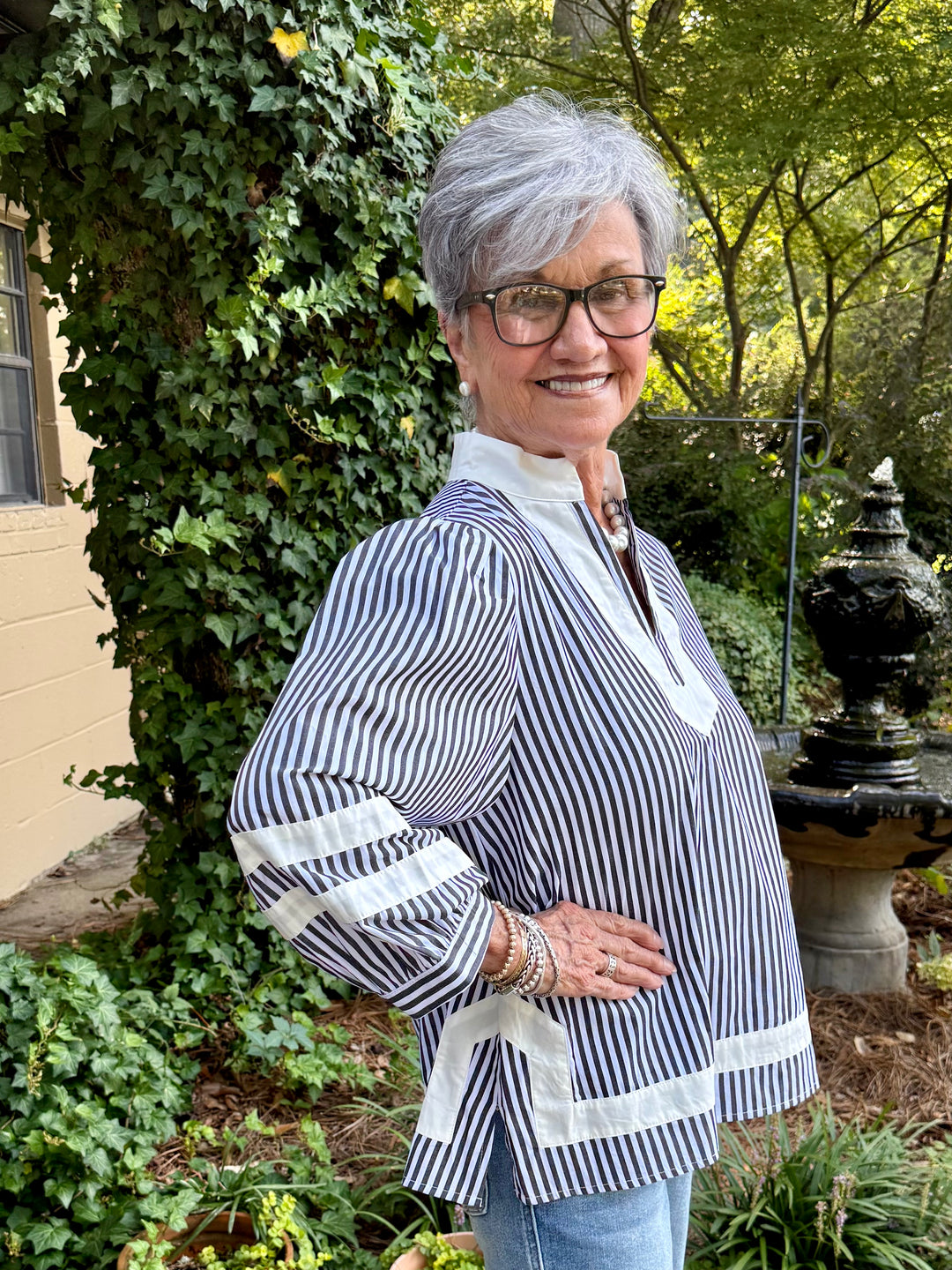 Sherry 3/4 Puff Sleeve Stripe Top | Black & White Cotton V-Neck Blouse