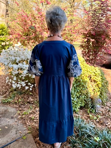 Holly Embroidered Midi Dress - Women's Navy Puff Sleeve V-Neck Dress